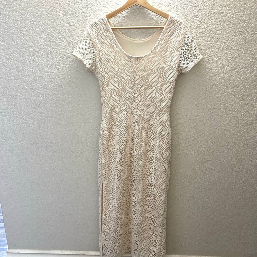 Vintage 90 Newport News Ivory Crochet Lace Maxi Dress 8 Coastal Cottagecore Boho - Picture 4 of 8